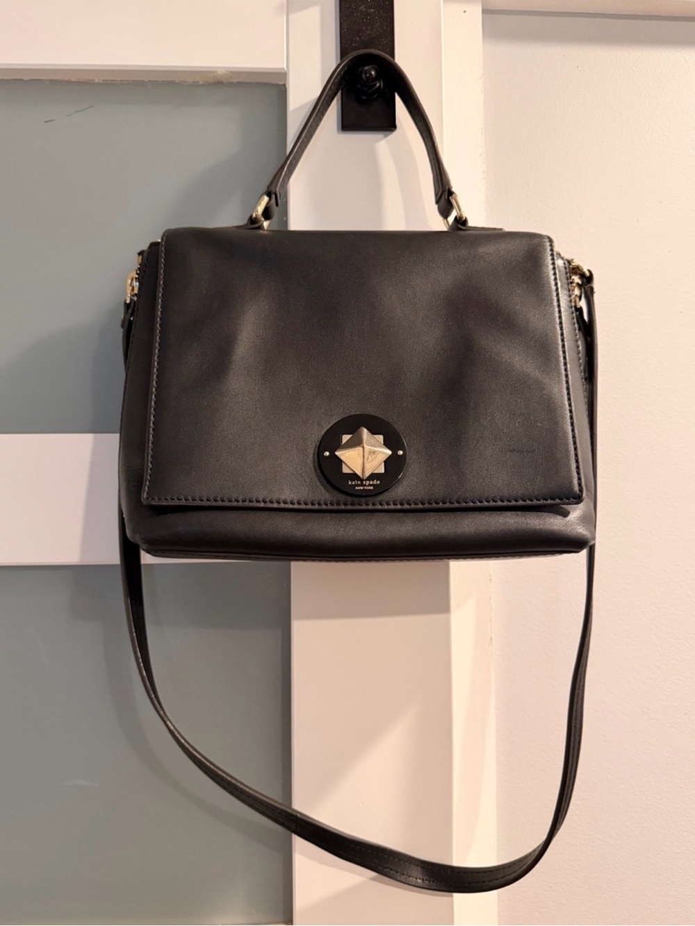 kate spade Black & Taupe Leather Satchel with Gold Accent- CONVERTABLE